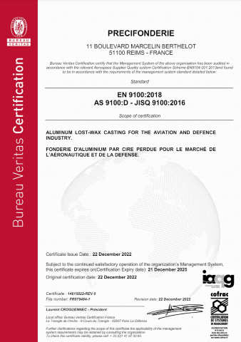 Certification EN 9100:2018 - AS 9100:D - JISQ 9100:2016